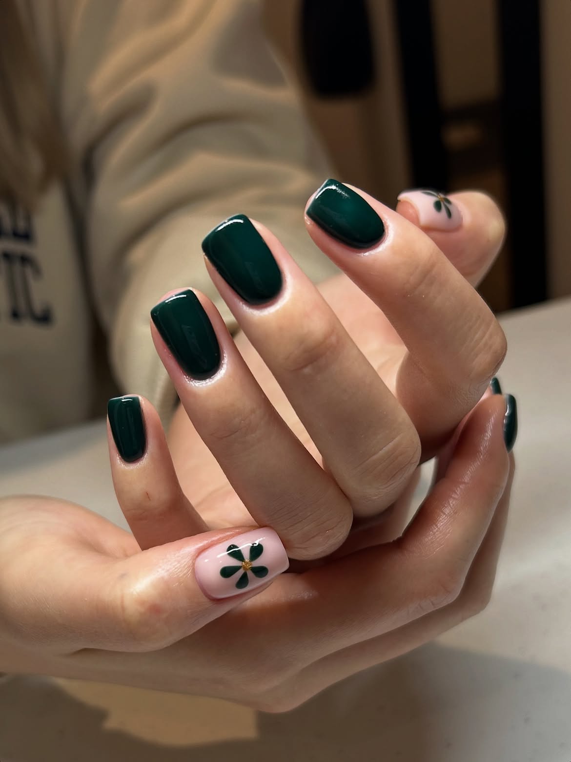 Deep Emerald Green Floral Accent Nails