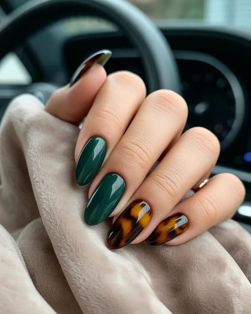 Deep Emerald Tortoiseshell Almond Nails