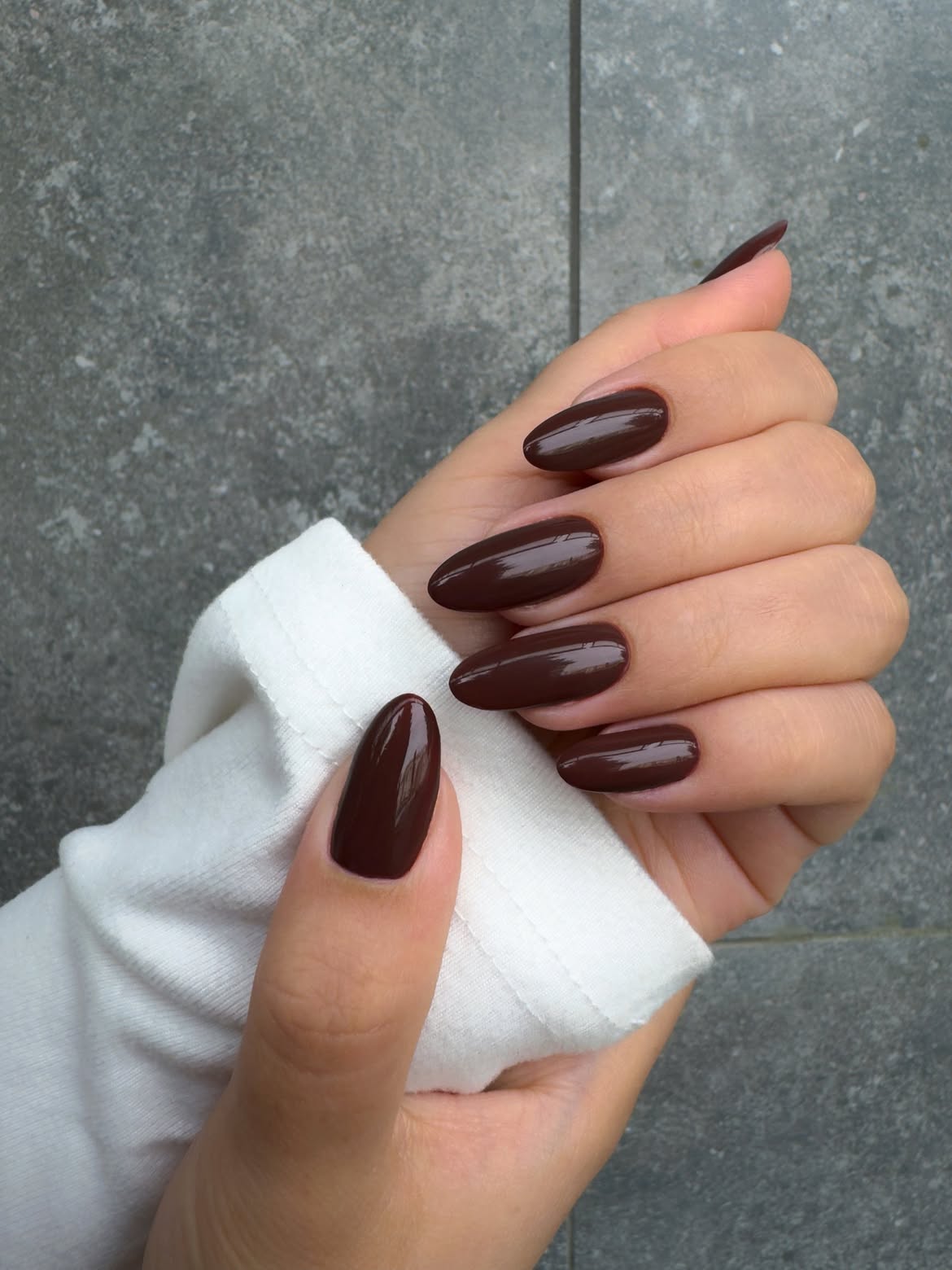 Deep Espresso Brown Glossy Almond Nails