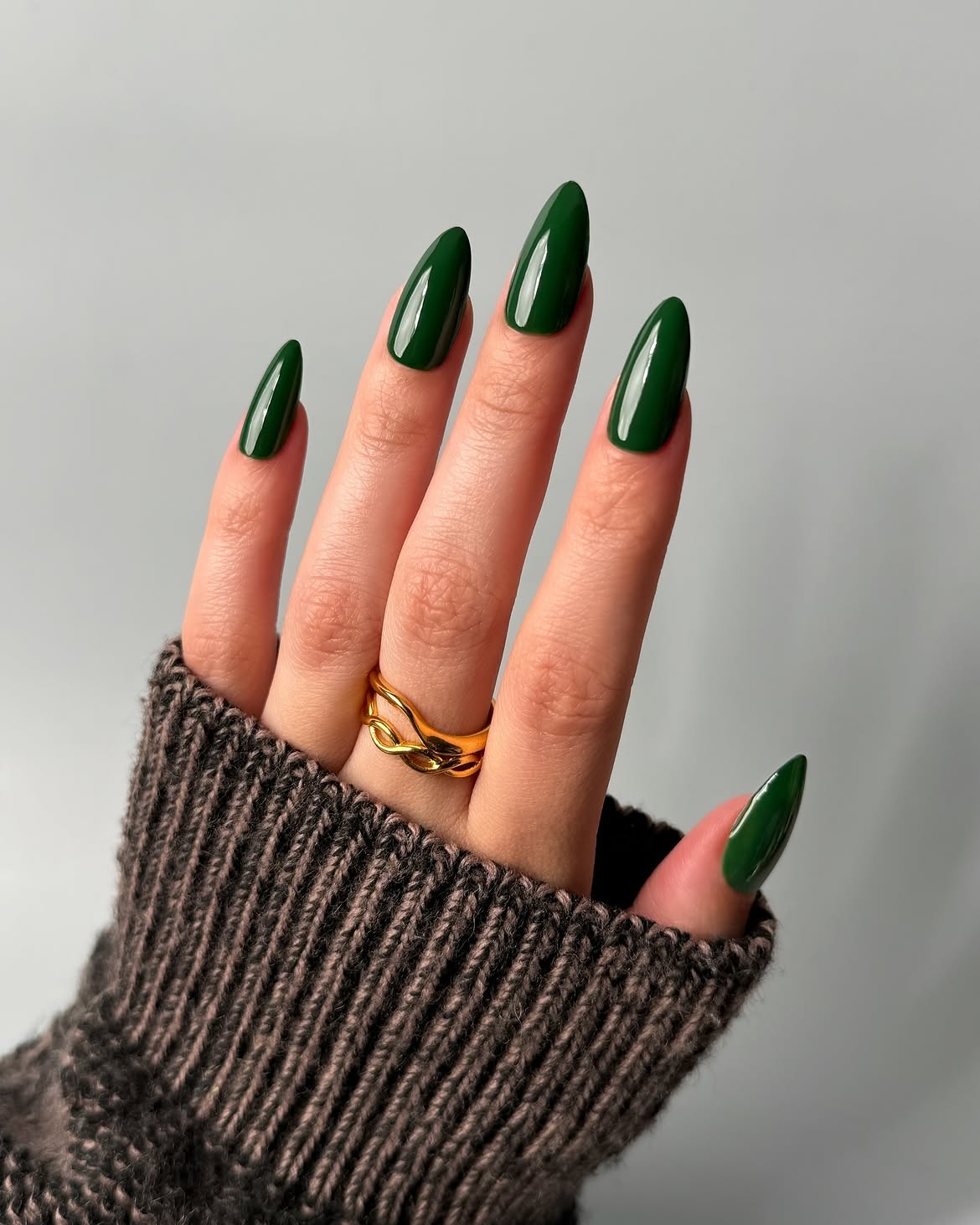 Deep Forest Green Glossy Almond Nails