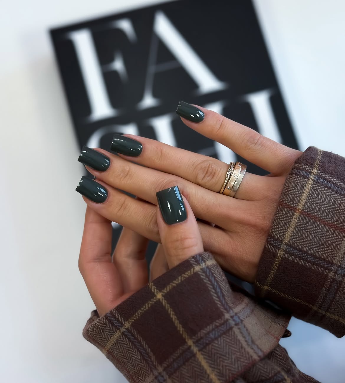 Deep Forest Green Glossy Square Nails