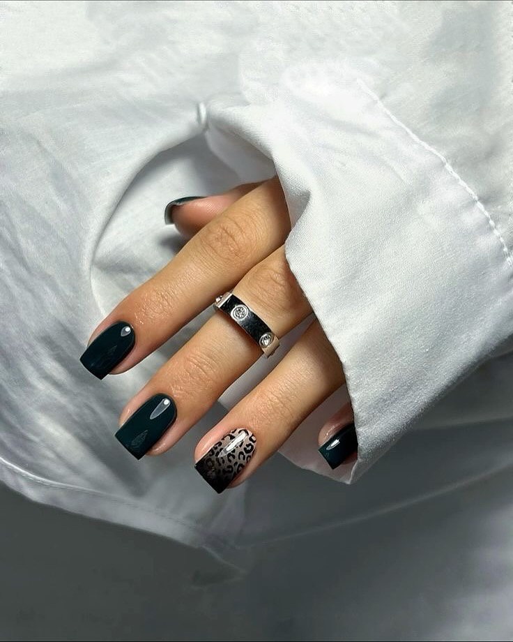 Deep Forest Green Leopard Print Accents
