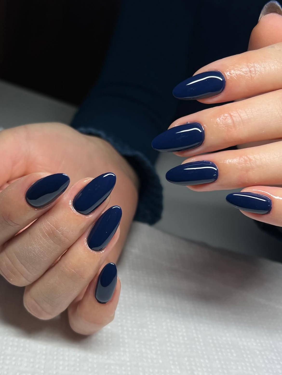 Deep Navy Glossy Almond Nails