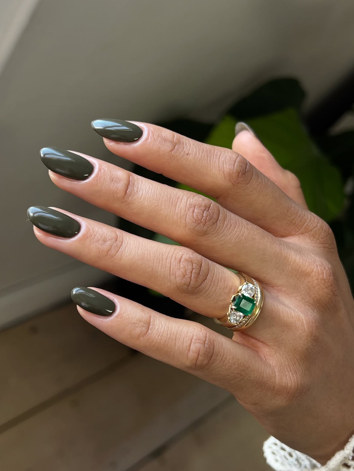 Deep Olive Green Glossy Almond Nails