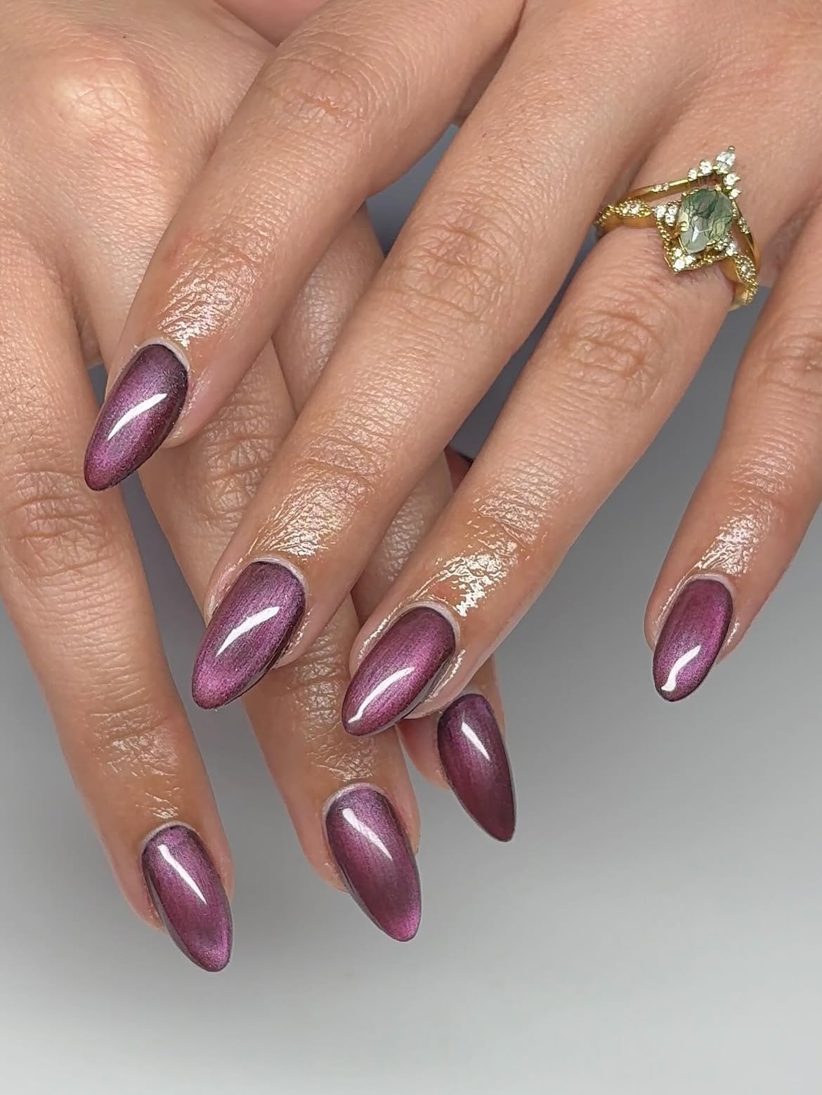 Deep Plum Cat Eye Almond Nails