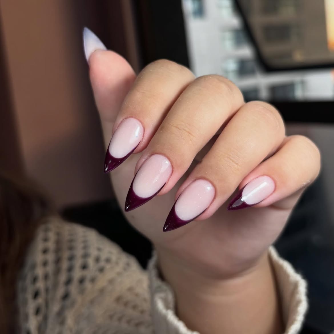Deep Plum French Tip Stiletto Nails