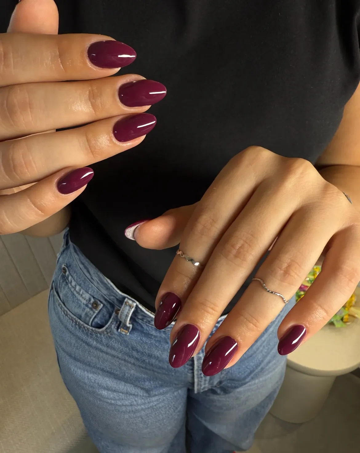 Deep Plum Glossy Almond Nails