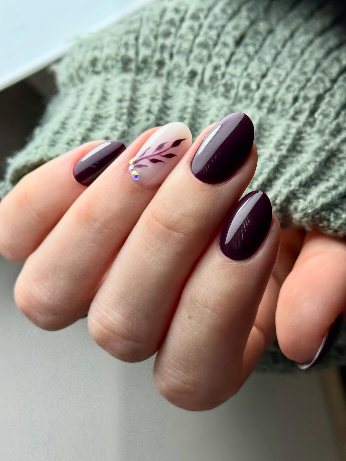 Deep Plum Oval Nails with Leaf Accent