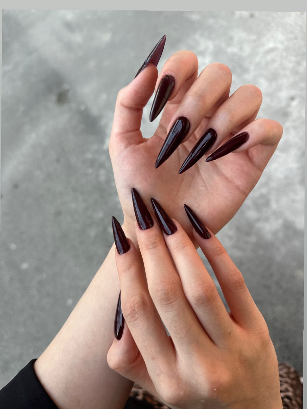 Deep Plum Stiletto Nails With High Gloss Finish
