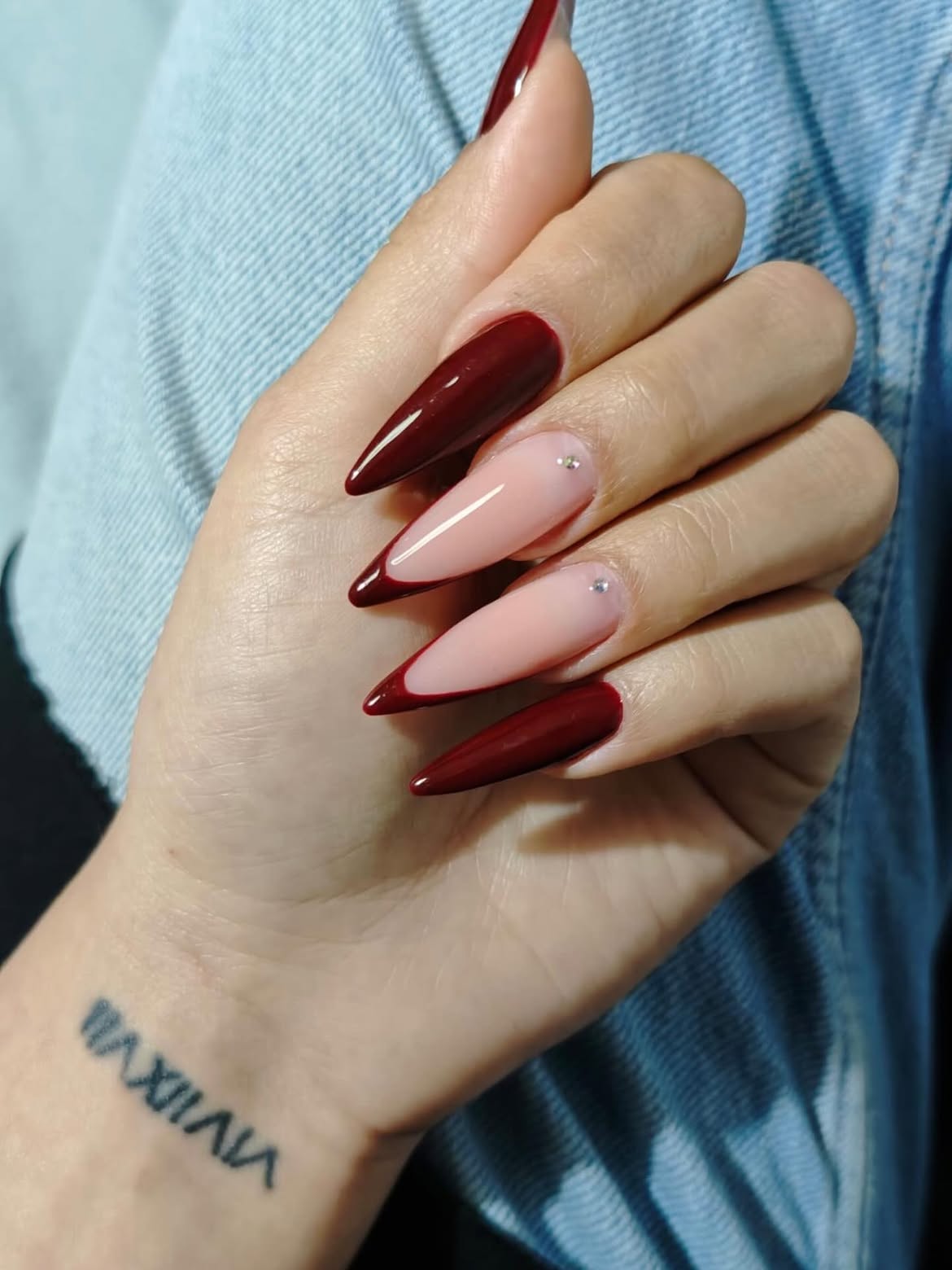 Deep Red and Pink French Stiletto Nails