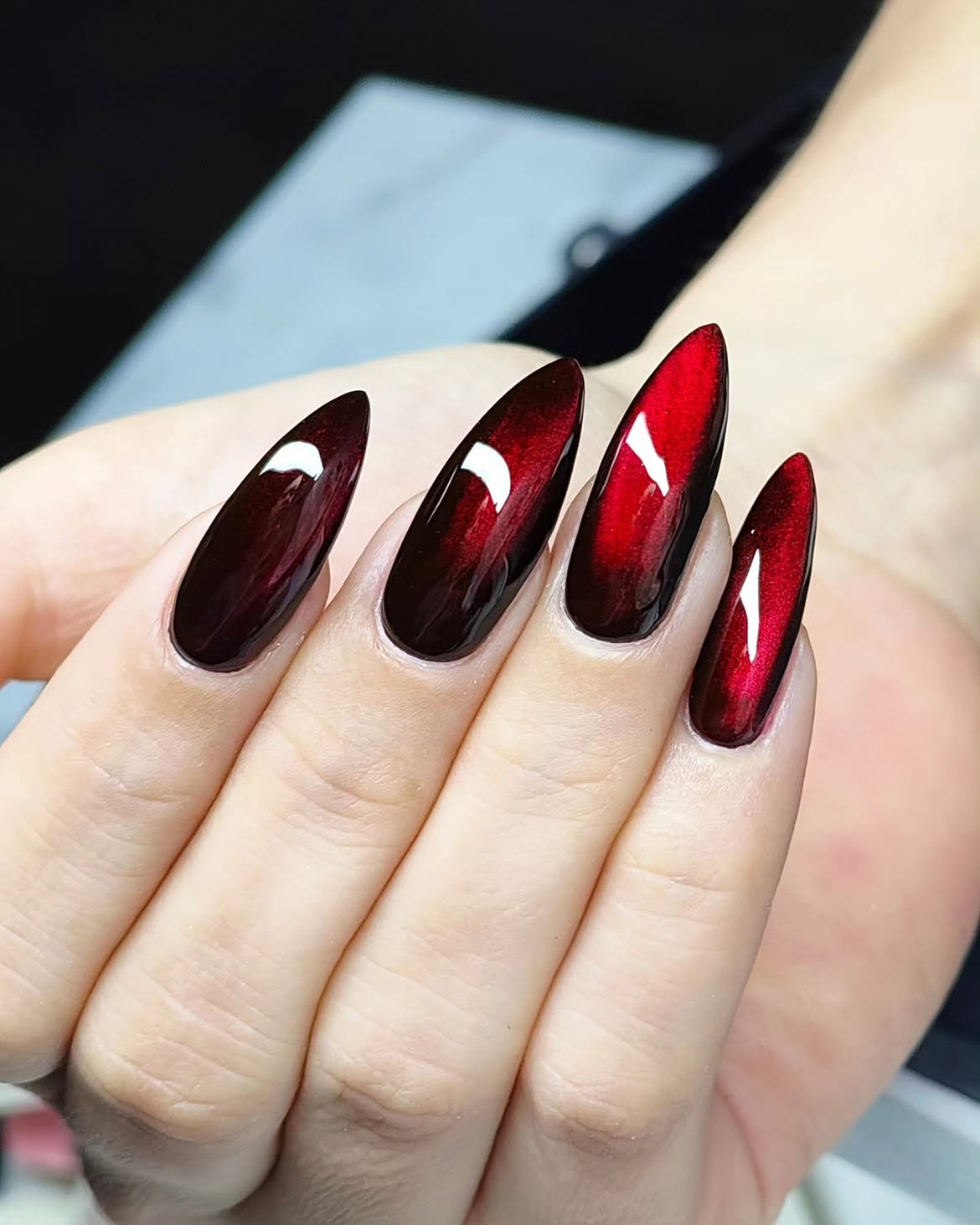 Deep Red Cat Eye Stiletto Nails