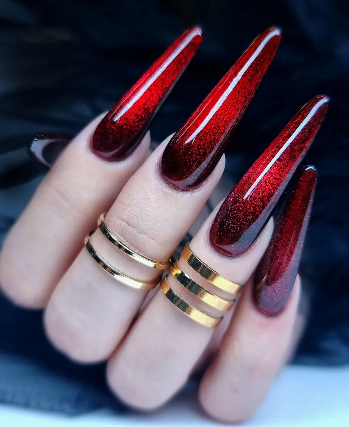 Deep Red Cat Eye Stiletto Nails