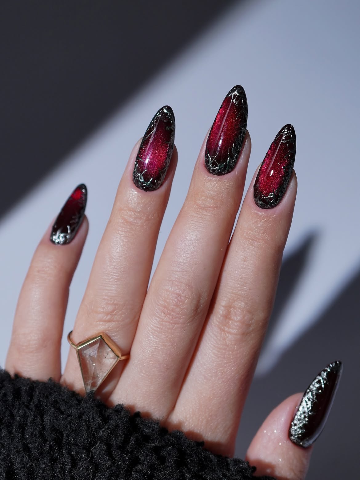 Deep Red Cat Eye with Cracked Mirror Accents