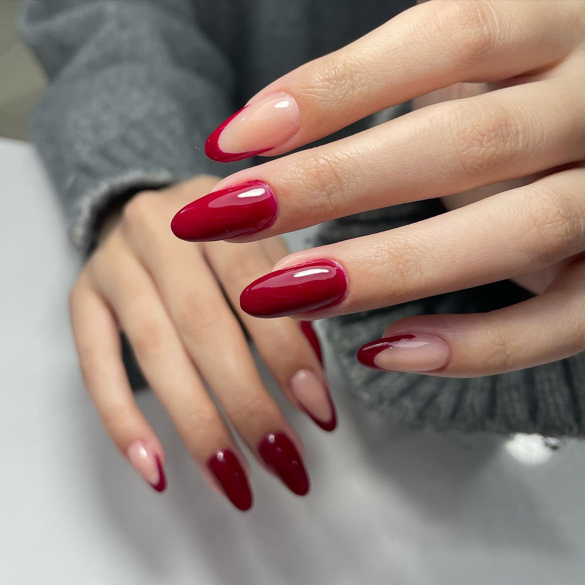 Deep Red Deep French Almond Nails