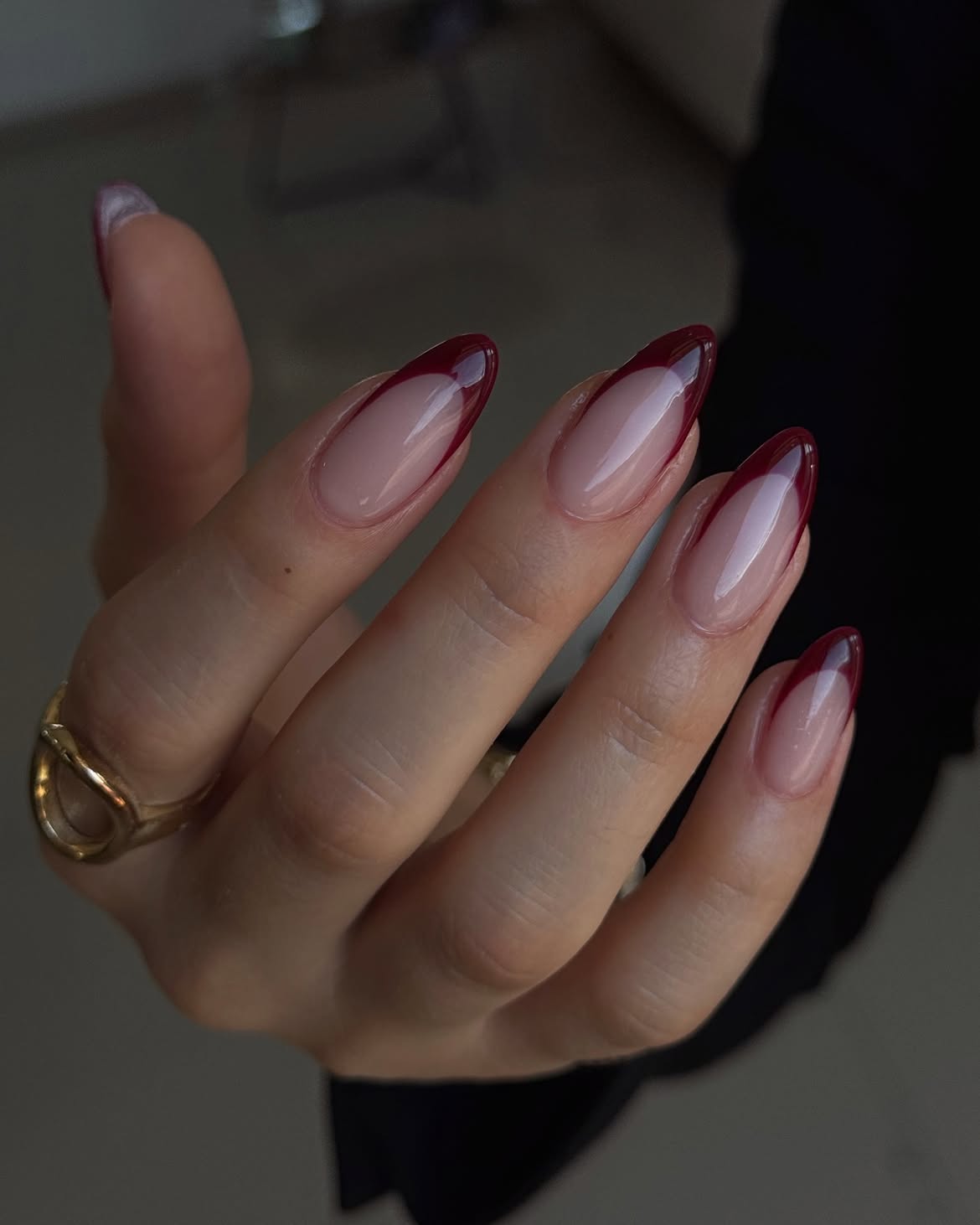 Deep Red French Almond Aura Nails
