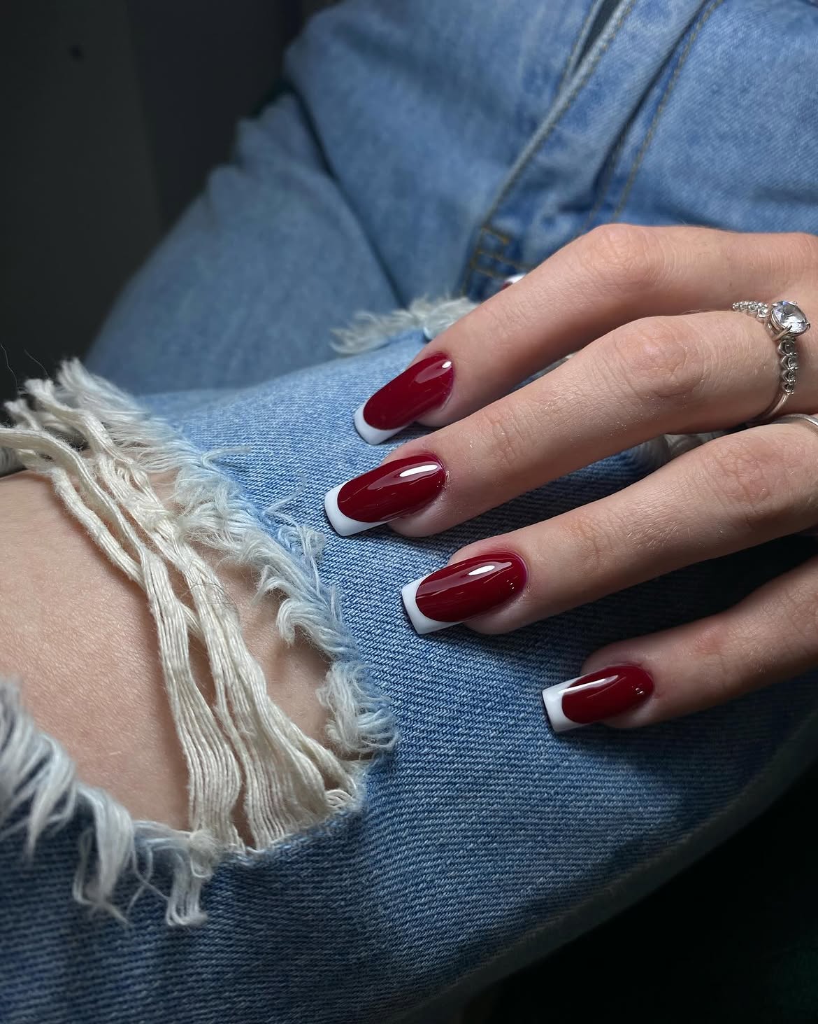 Deep Red French Tip Coffin Nails
