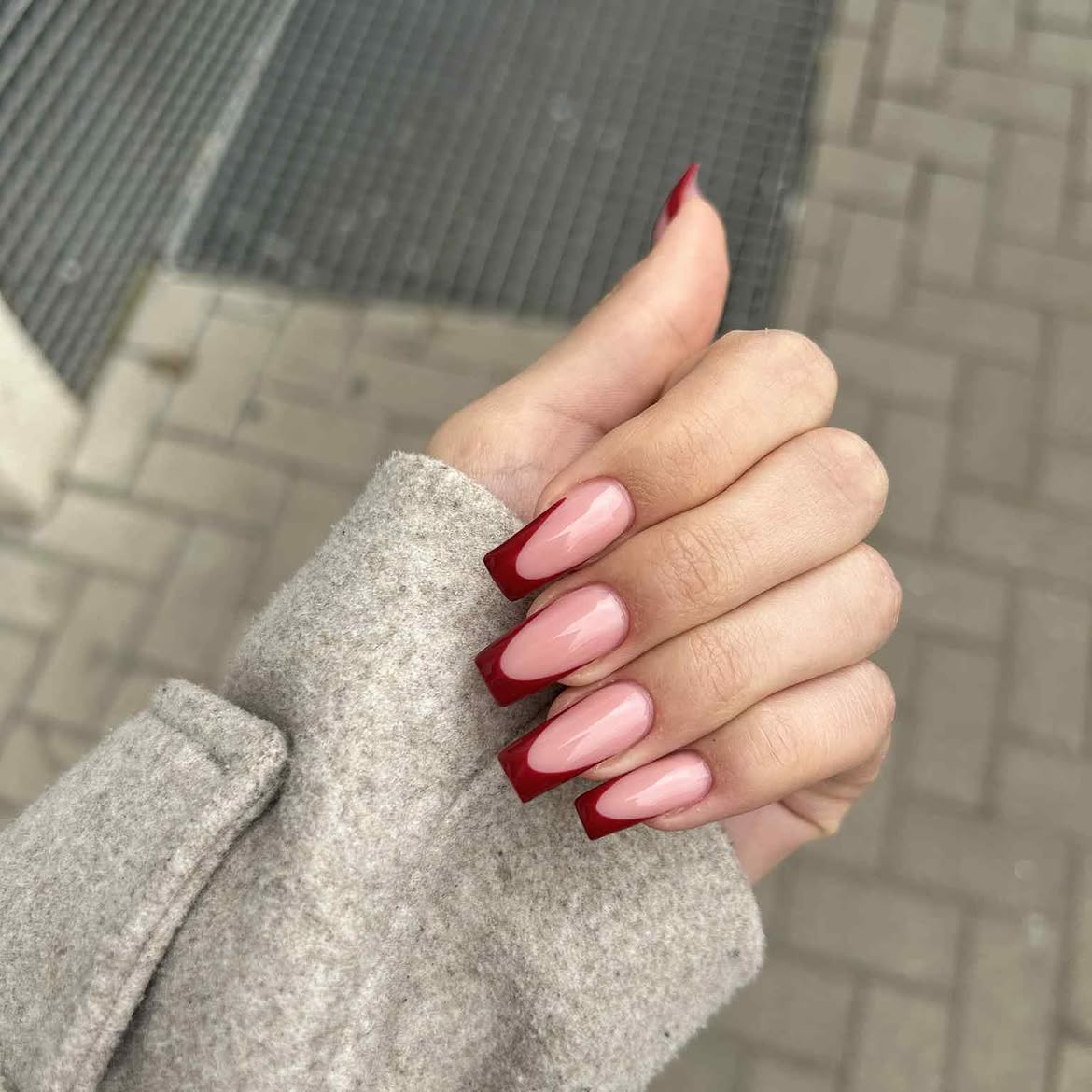 Deep Red French Tips on Milky Pink Base