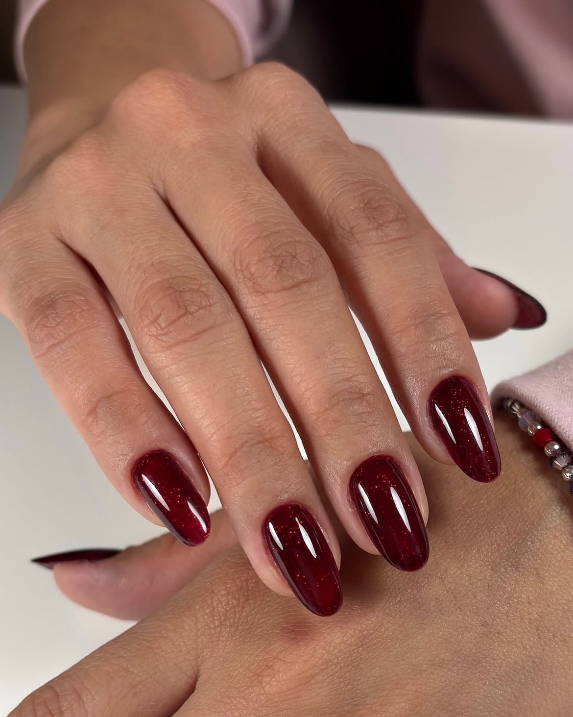 Deep Red Glitter Almond Nails