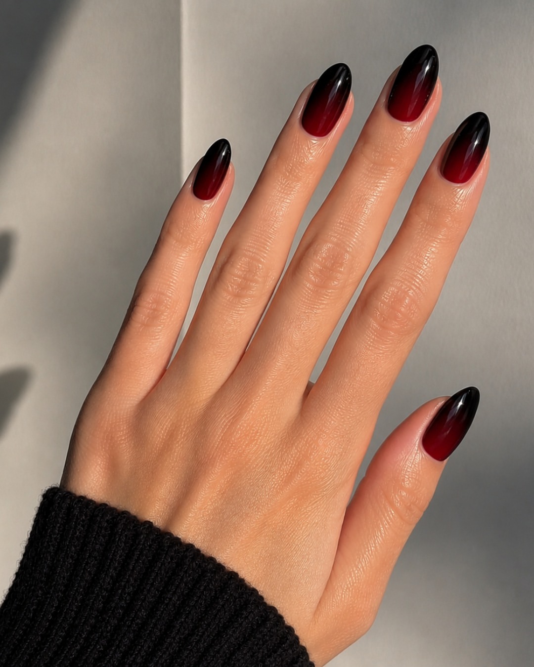 Deep Red To Black Smooth Ombre Almond Nails