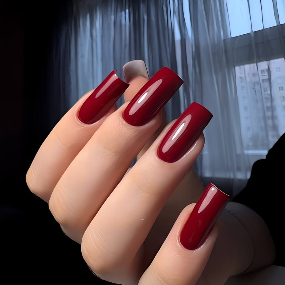 Deep Ruby Red Glossy Square Nails