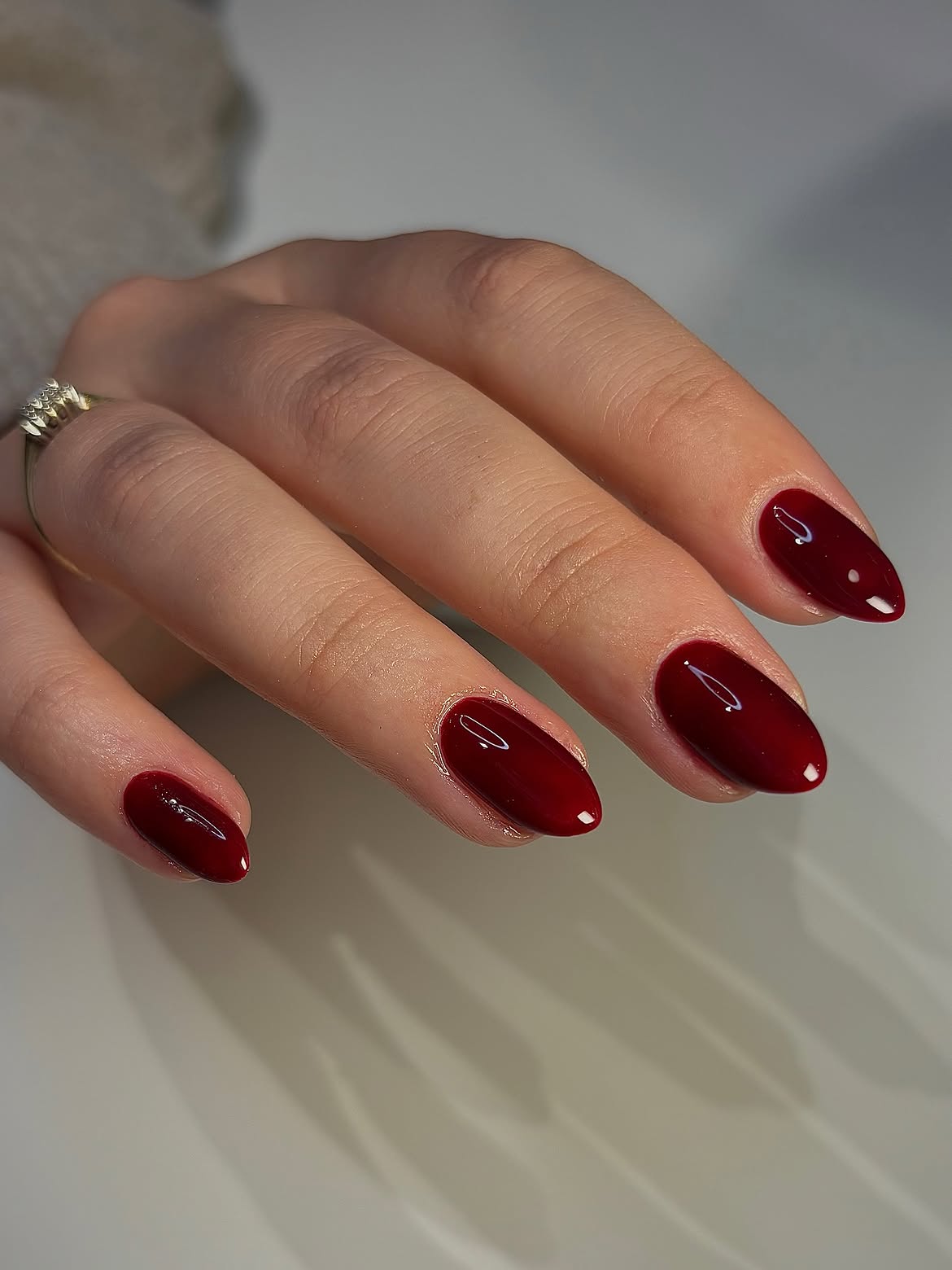 Deep Sangria Red Glossy Oval Nails