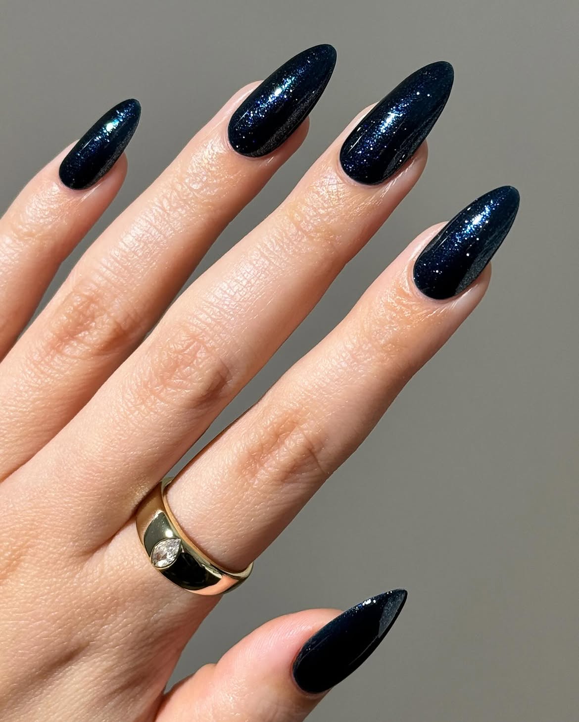 Deep Teal Glitter Almond Nails
