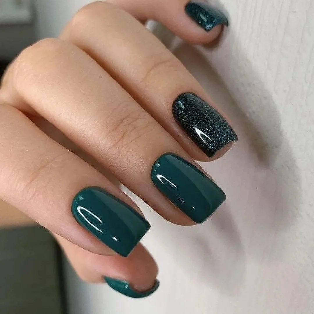 Deep Teal Glossy Nails with Subtle Sparkle Accent