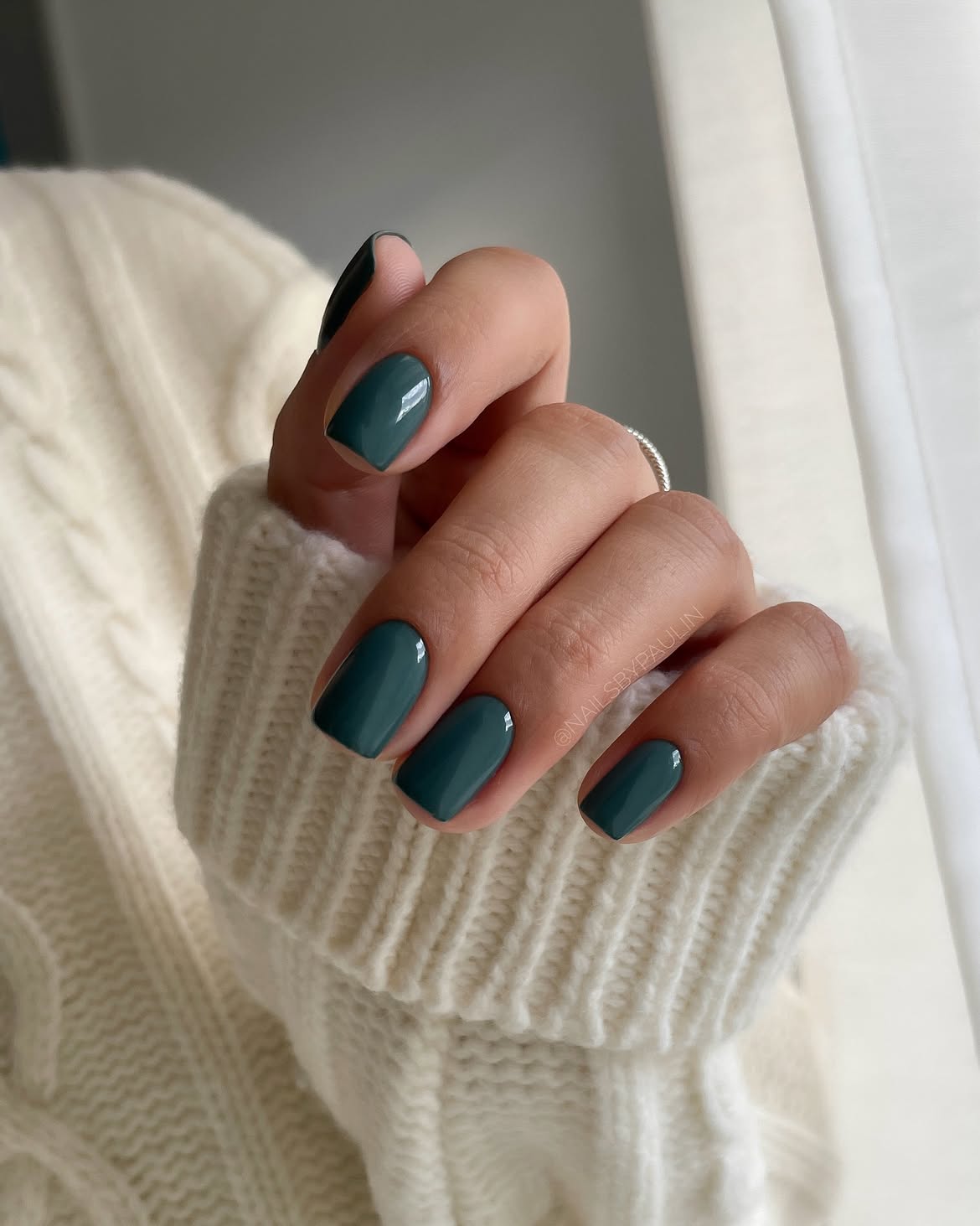 Deep Teal Glossy Squoval Fall Manicure