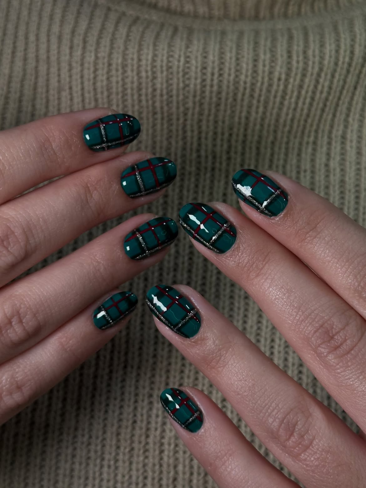 Deep Teal Plaid Nails with Silver Sparkle Accents