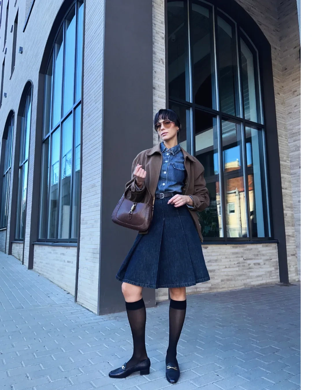 Denim Midi Skirt With Chambray Shirt Layered
