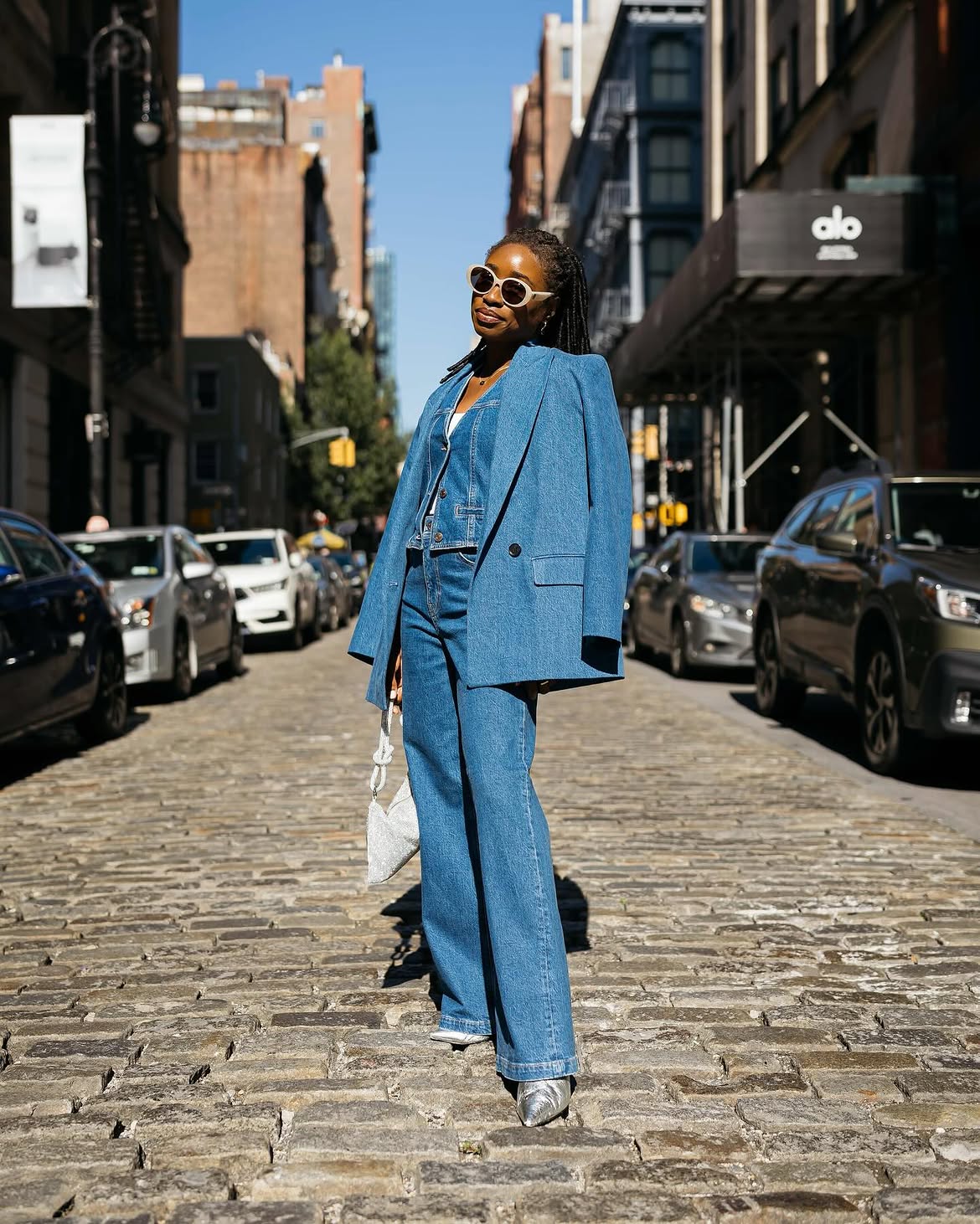 Denim Suit With Silver Accents Street Style