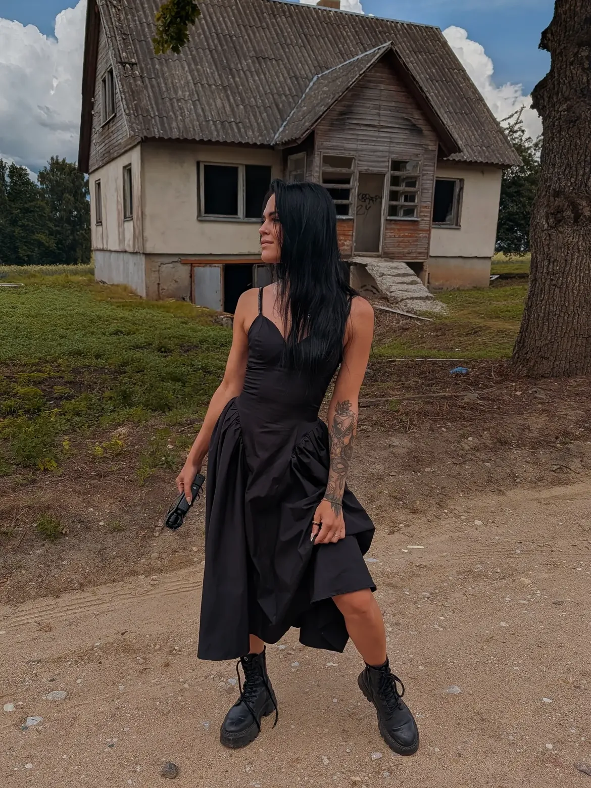 Dramatic Black Midi Dress With Chunky Boots