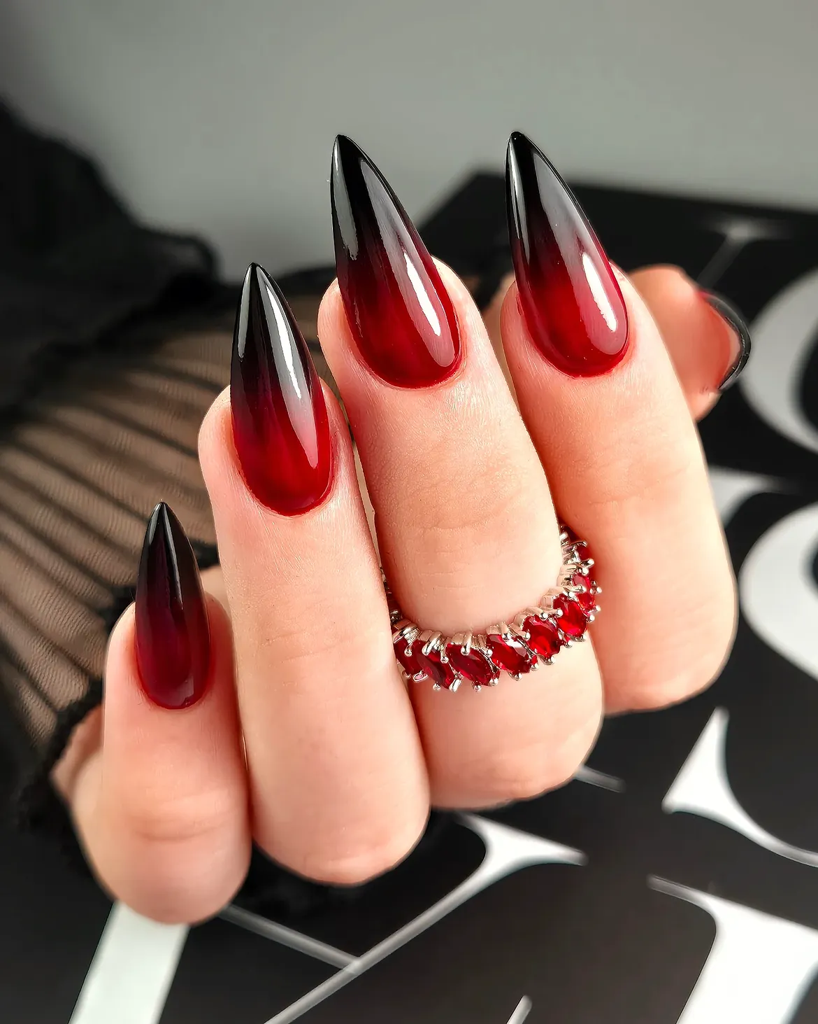 Dramatic Black to Red Ombre Stiletto Nails