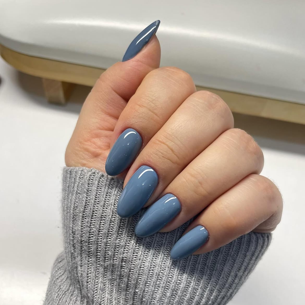 Dusty Blue Glossy Almond Nails