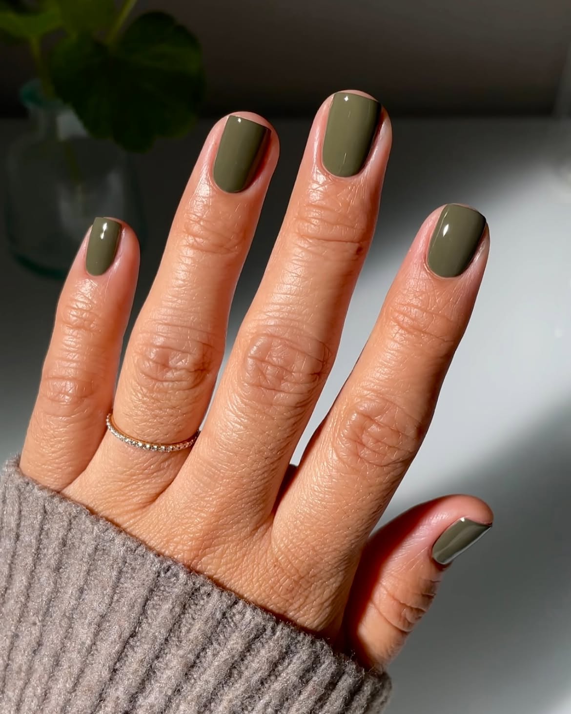 Earthy Olive Green Glossy Short Nails