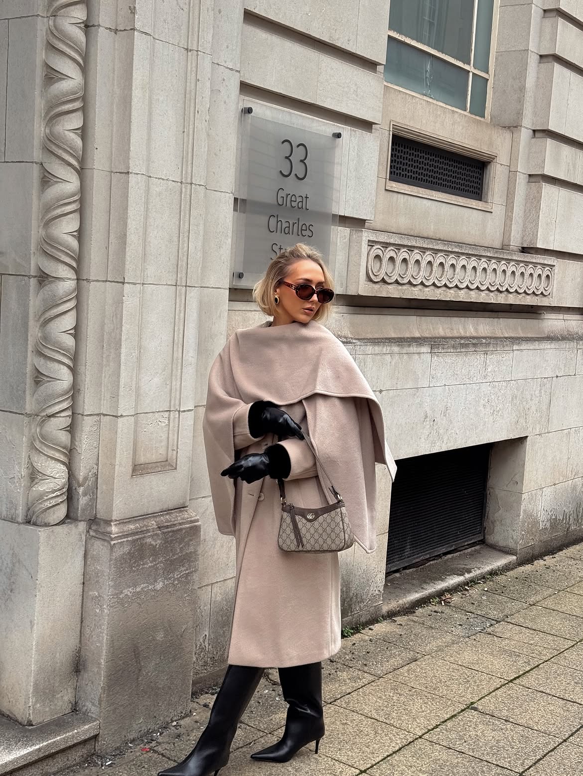 Elegant Beige Cape Coat With Black Boots Outfit