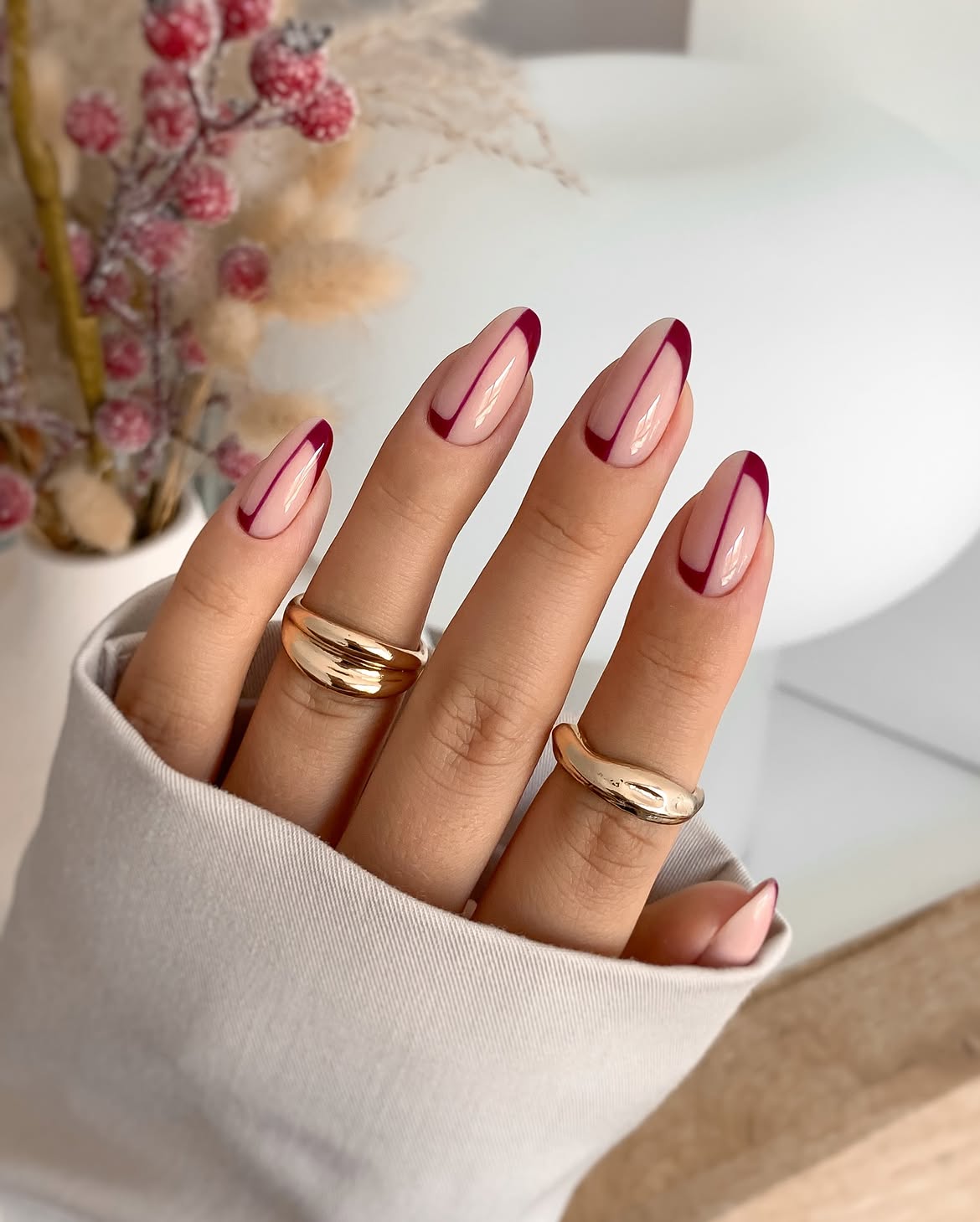 Elegant Burgundy French Line Almond Nails