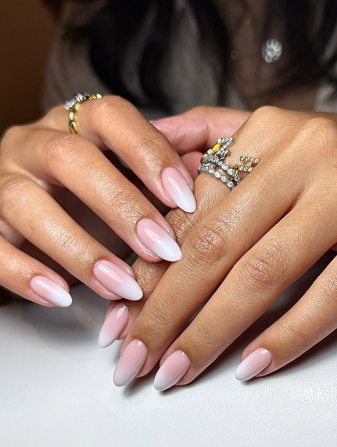 Elegant Pink and White Ombre Almond Nails