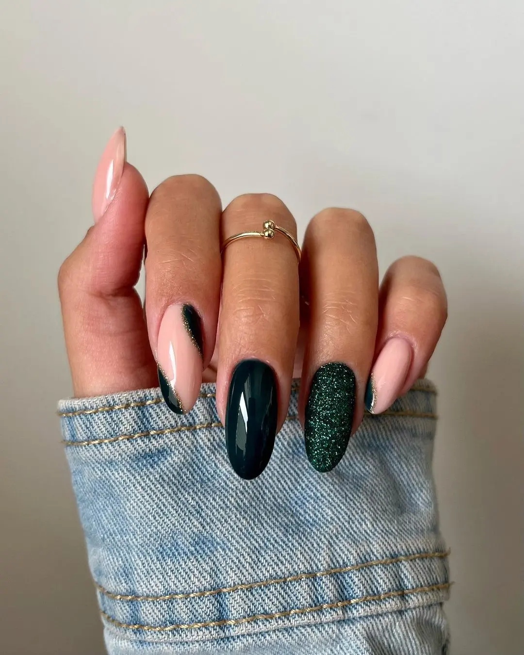 Emerald Glitter and Deep Teal Almond Nails