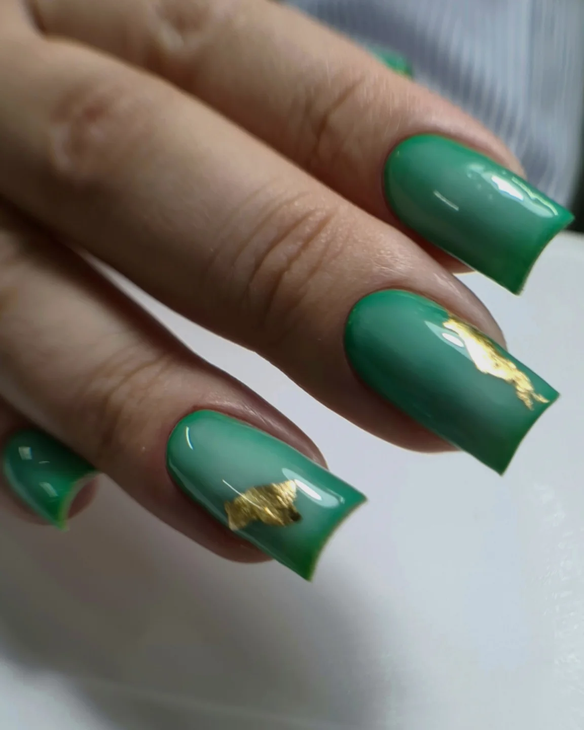 Emerald Green Squoval Nails with Gold Foil Accent