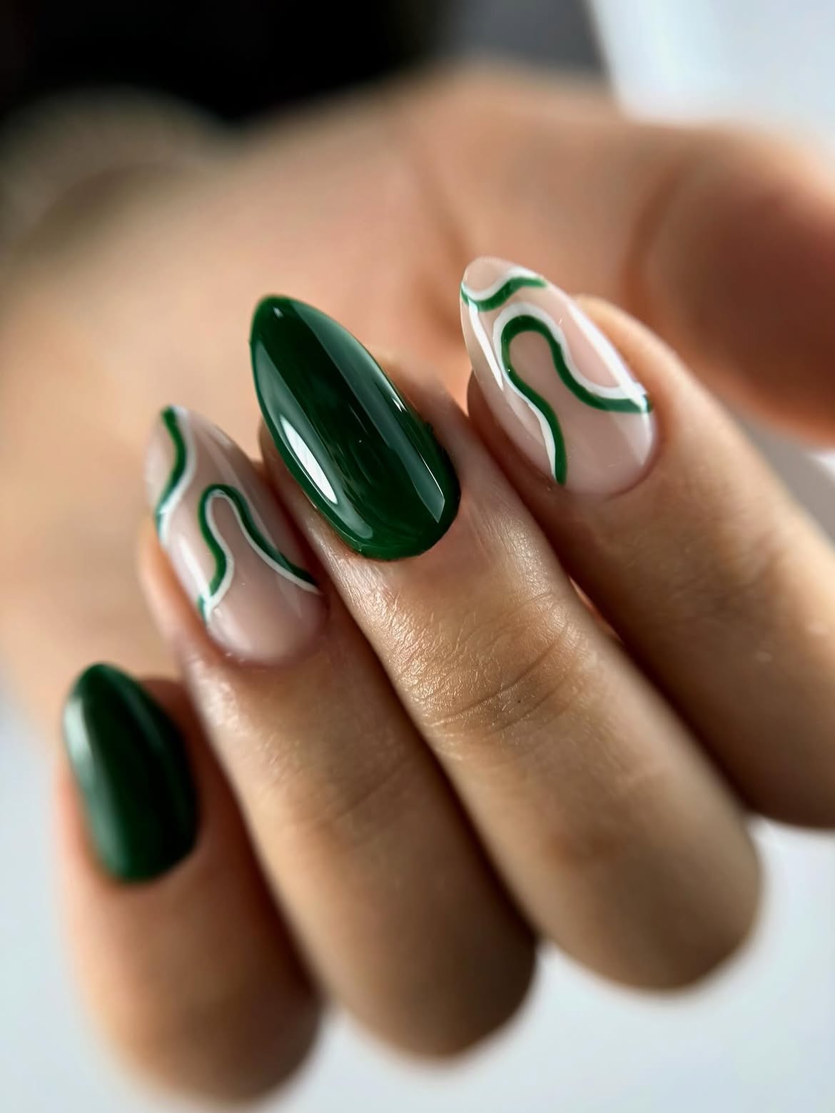 Emerald Green Swirl Aura Almond Nails