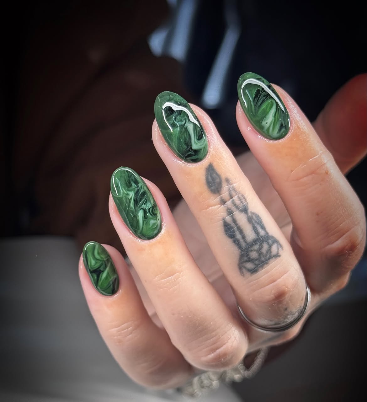 Emerald Green Swirl Marble Glossy Almond Nails