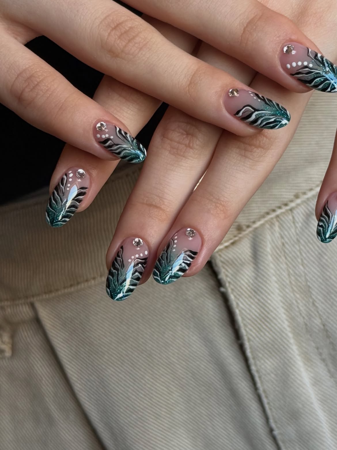 Emerald Leaf French Tip Almond Nails