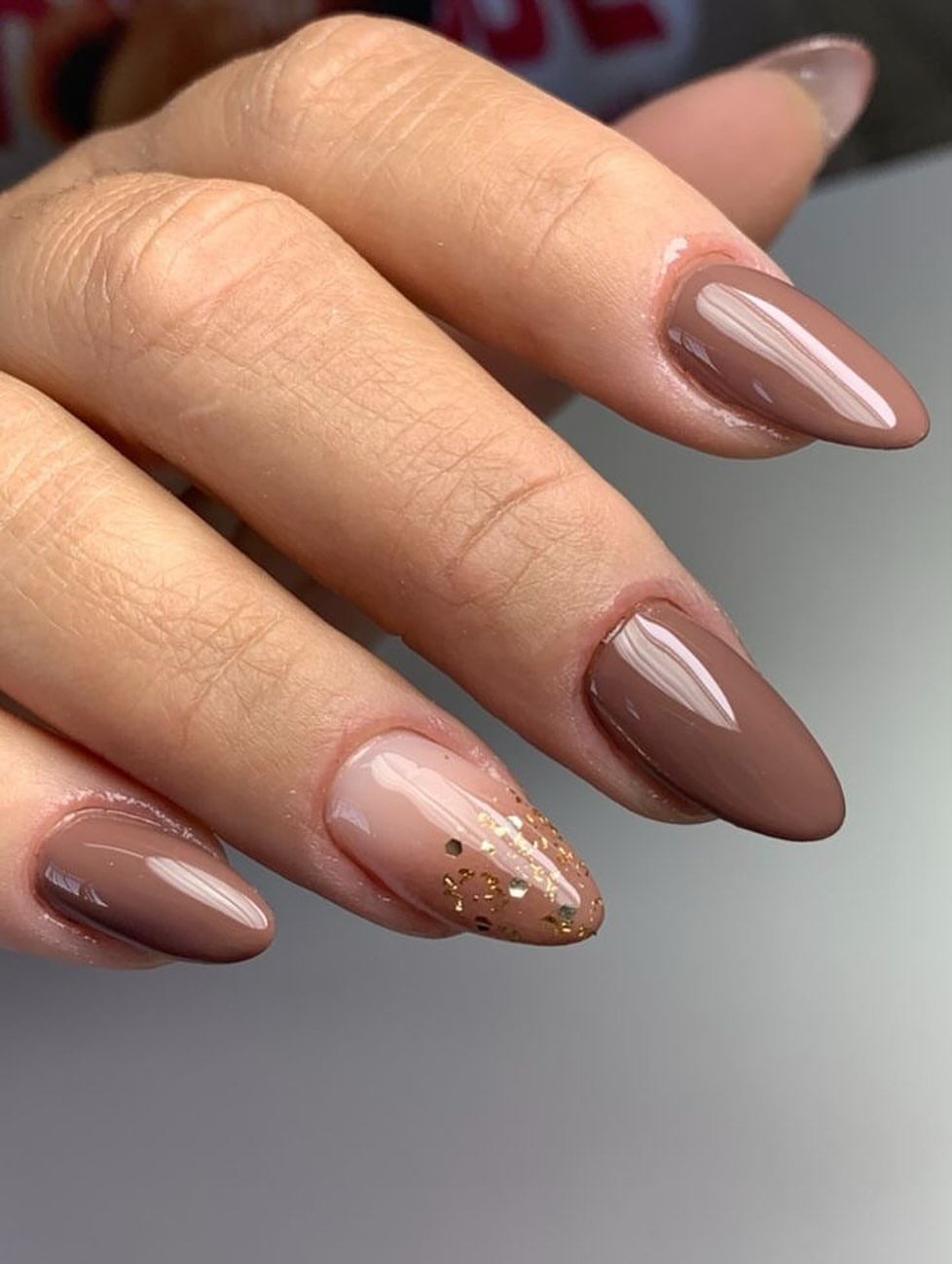 Espresso Almond Nails With Gold Foil Accents