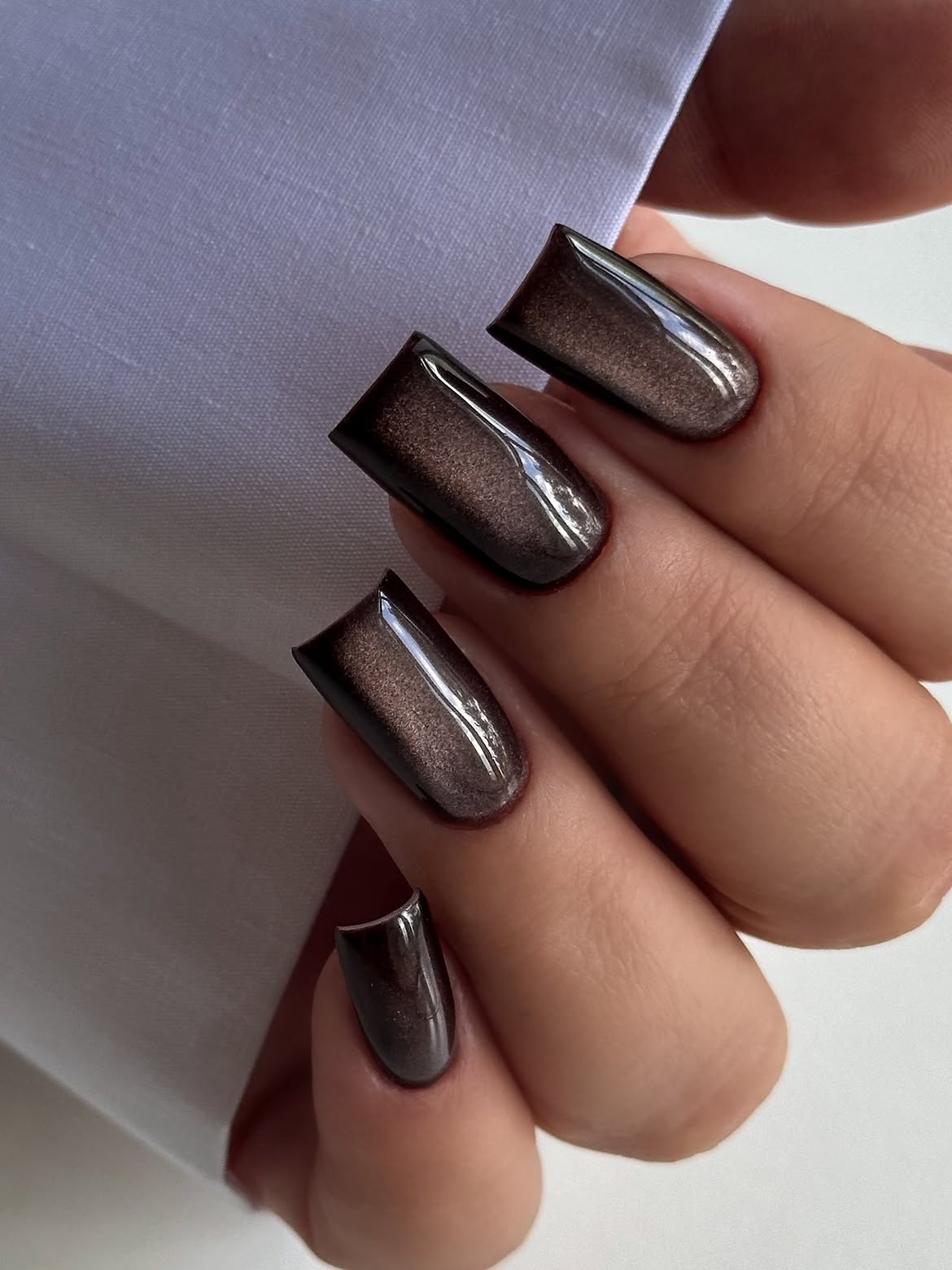 Espresso Cat Eye Chrome Almond Nails