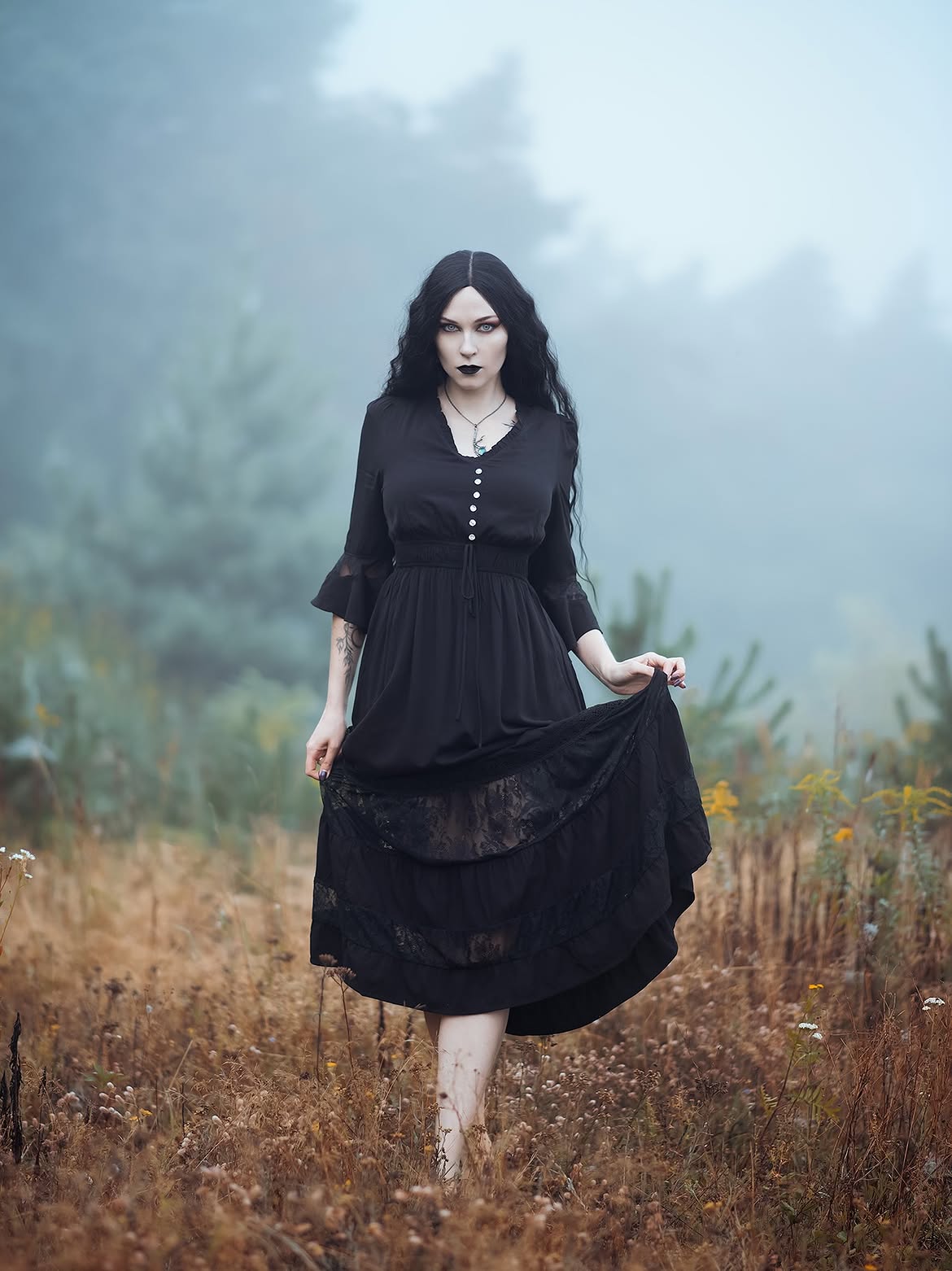 Ethereal Black Lace Trimmed Midi Dress