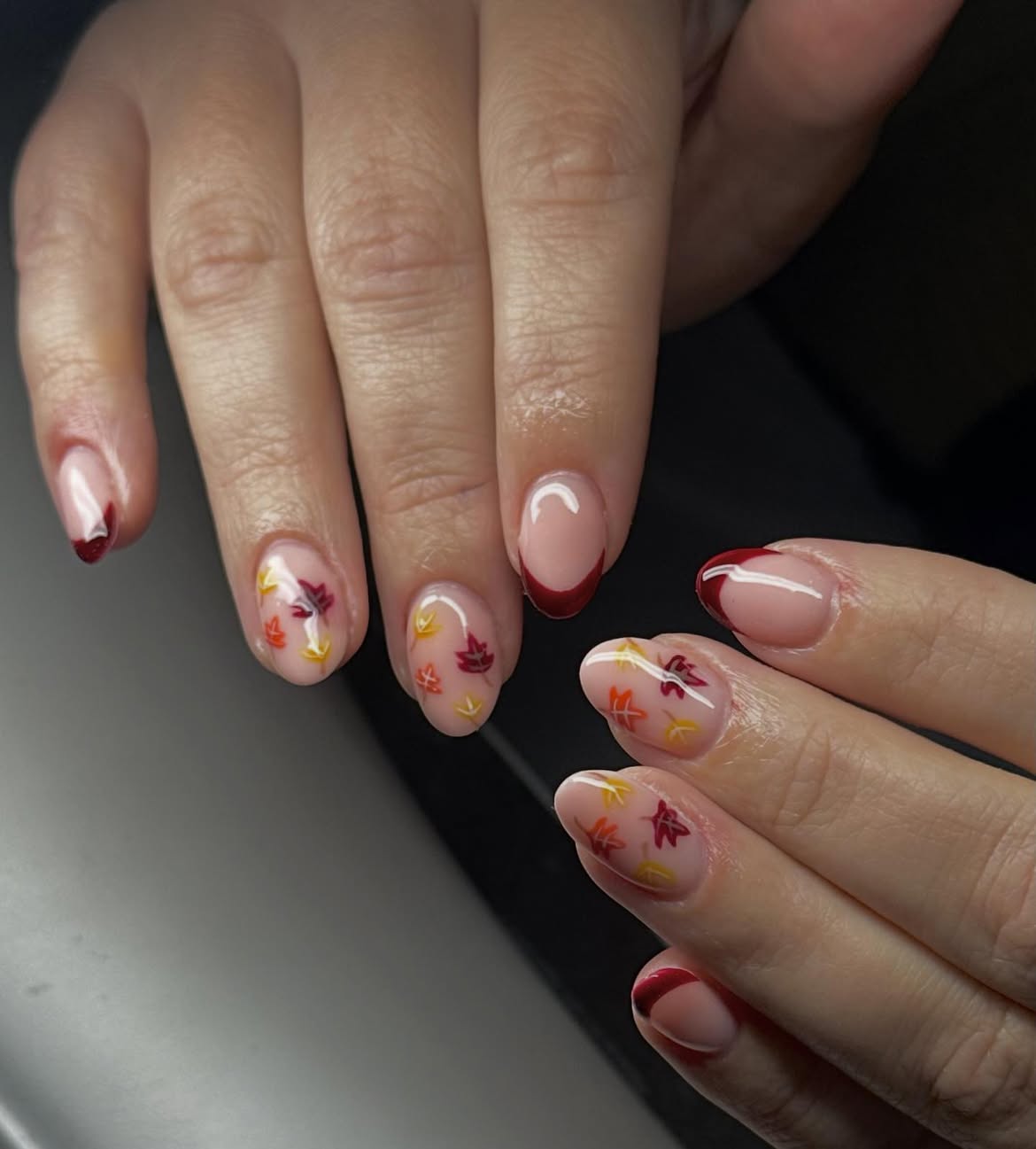 Fall Leaf French Tip Almond Nails
