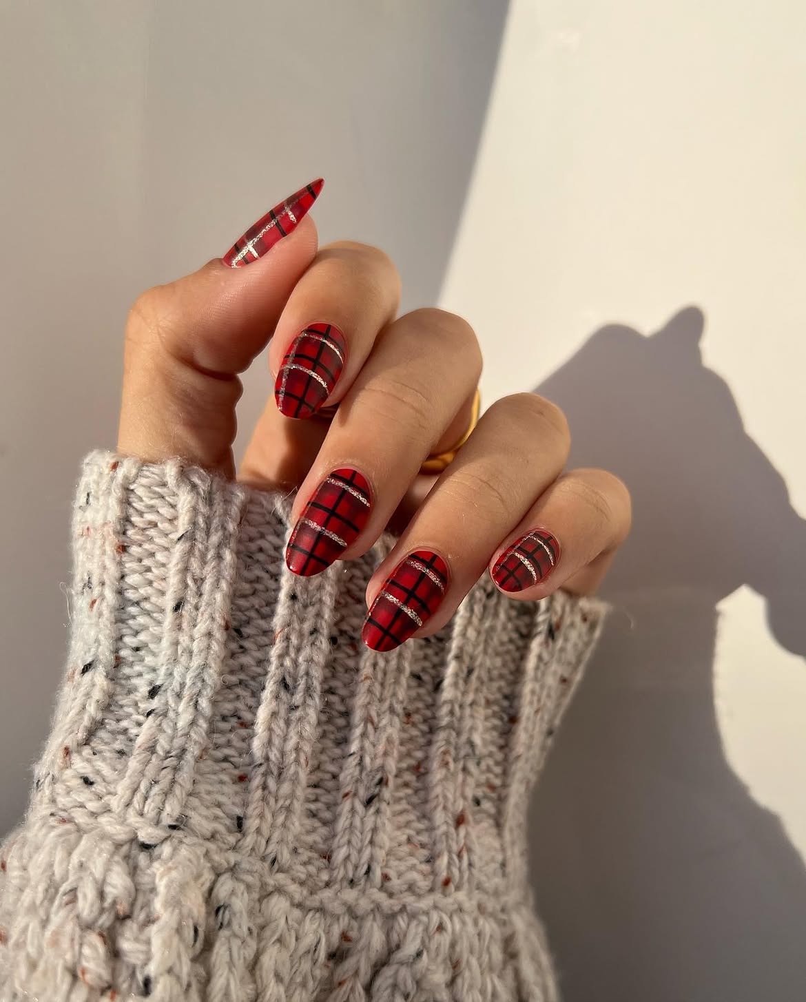 Festive Red Plaid Stiletto Nails