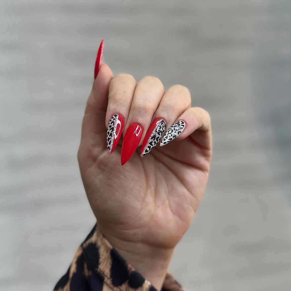 Fiery Red and Leopard Print Stiletto Nails