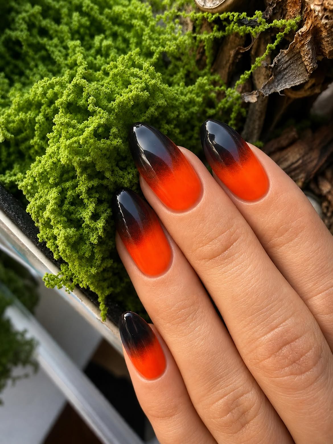Fiery Sunset Ombre Almond Nails